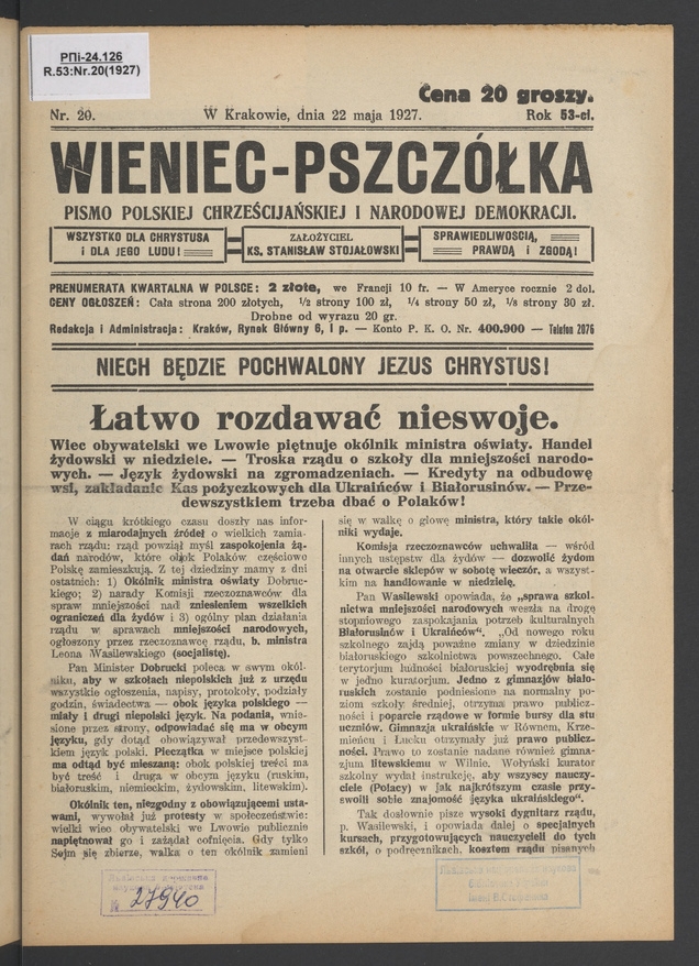 Wieniec-Pszczółka : pismo polskiej chrześcijańskiej i narodowej demokracji. Rok 53, 1927, numer 20