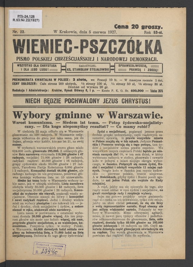 Wieniec-Pszczółka : pismo polskiej chrześcijańskiej i narodowej demokracji. Rok 53, 1927, numer 22