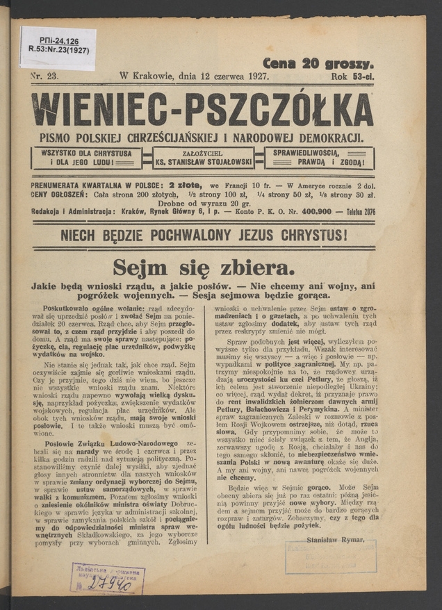 Wieniec-Pszczółka : pismo polskiej chrześcijańskiej i narodowej demokracji. Rok 53, 1927, numer 23