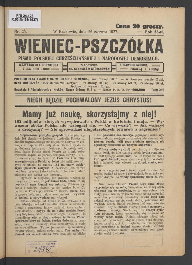 Wieniec-Pszczółka : pismo polskiej chrześcijańskiej i narodowej demokracji. Rok 53, 1927, numer 25