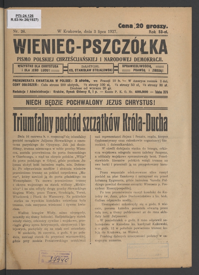 Wieniec-Pszczółka : pismo polskiej chrześcijańskiej i narodowej demokracji. Rok 53, 1927, numer 26