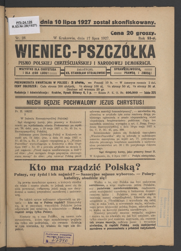 Wieniec-Pszczółka : pismo polskiej chrześcijańskiej i narodowej demokracji. Rok 53, 1927, numer 28