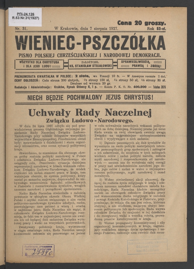 Wieniec-Pszczółka : pismo polskiej chrześcijańskiej i narodowej demokracji. Rok 53, 1927, numer 31