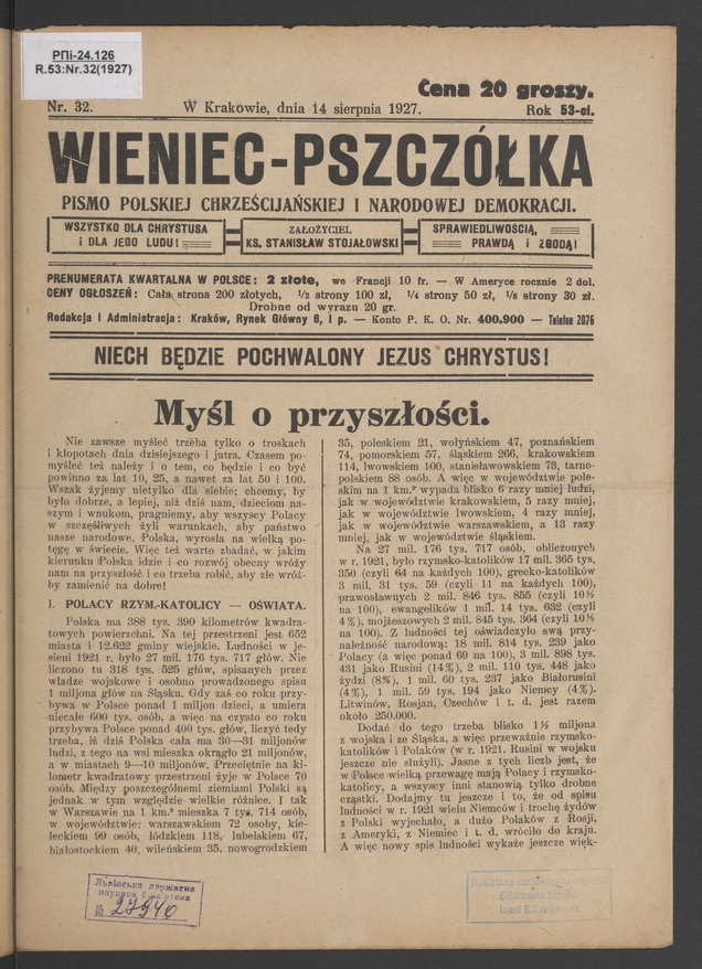 Wieniec-Pszczółka : pismo polskiej chrześcijańskiej i narodowej demokracji. Rok 53, 1927, numer 32