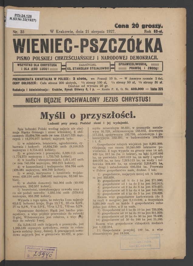 Wieniec-Pszczółka : pismo polskiej chrześcijańskiej i narodowej demokracji. Rok 53, 1927, numer 33