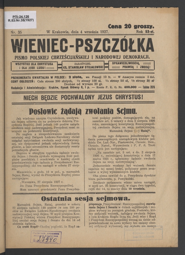 Wieniec-Pszczółka : pismo polskiej chrześcijańskiej i narodowej demokracji. Rok 53, 1927, numer 35