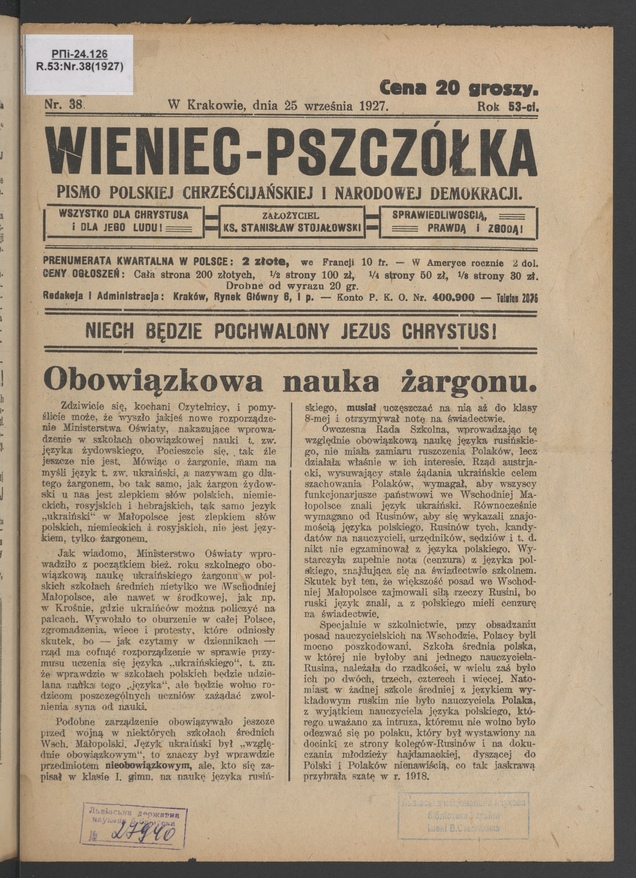 Wieniec-Pszczółka : pismo polskiej chrześcijańskiej i narodowej demokracji. Rok 53, 1927, numer 38