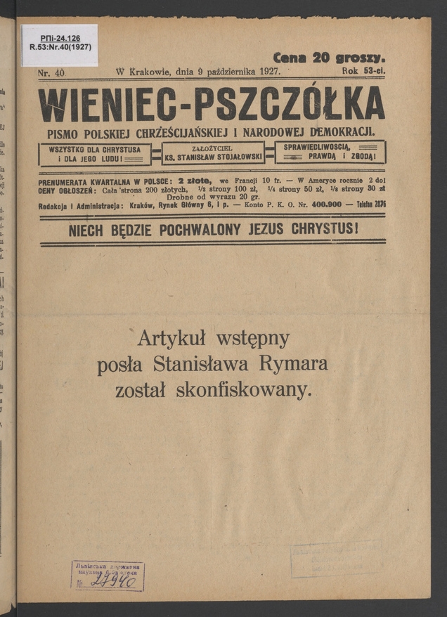 Wieniec-Pszczółka : pismo polskiej chrześcijańskiej i narodowej demokracji. Rok 53, 1927, numer 40