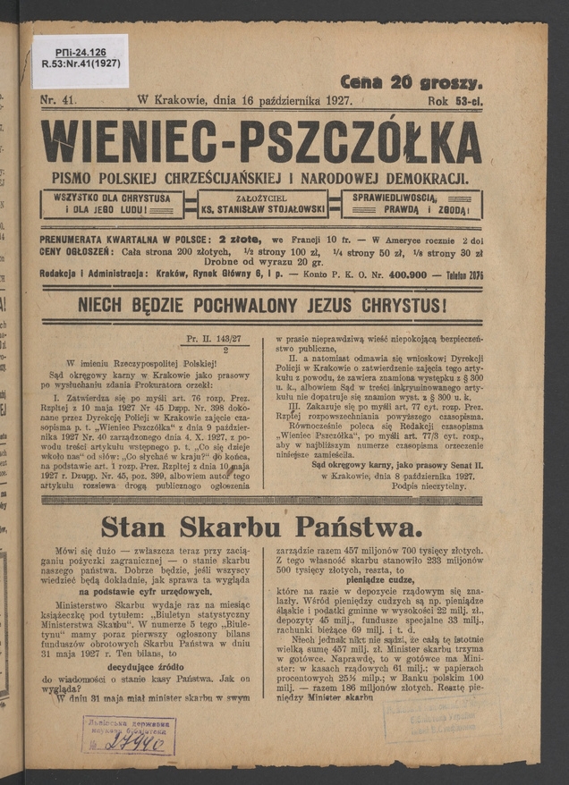 Wieniec-Pszczółka : pismo polskiej chrześcijańskiej i narodowej demokracji. Rok 53, 1927, numer 41