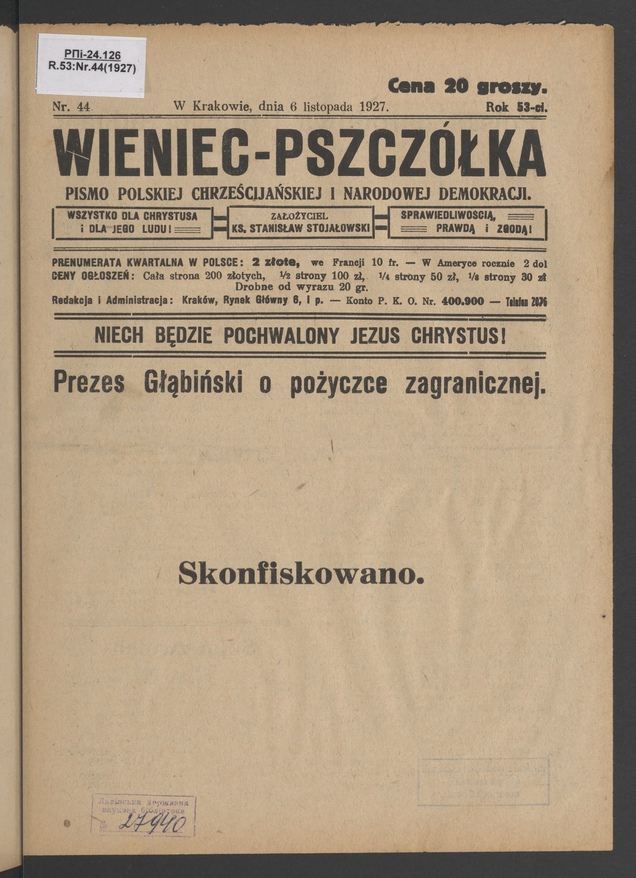 Wieniec-Pszczółka : pismo polskiej chrześcijańskiej i narodowej demokracji. Rok 53, 1927, numer 44