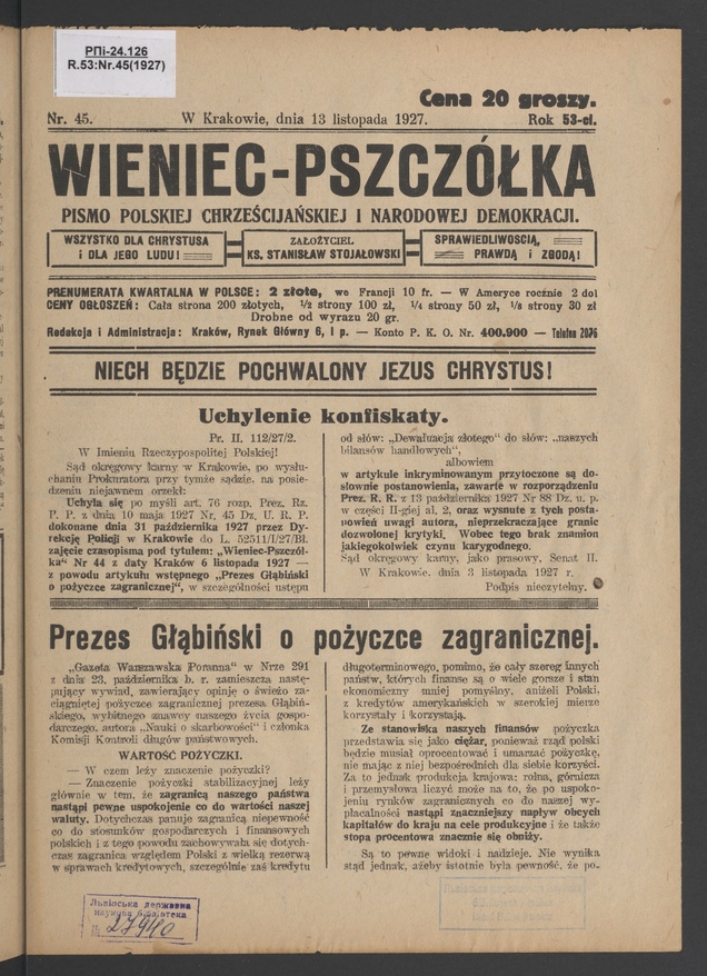 Wieniec-Pszczółka : pismo polskiej chrześcijańskiej i narodowej demokracji. Rok 53, 1927, numer 45