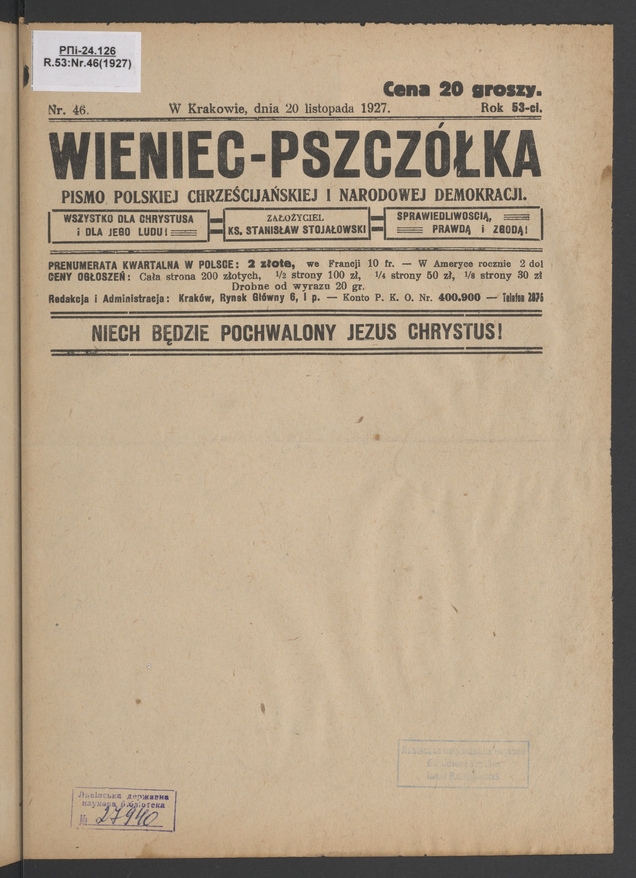 Wieniec-Pszczółka : pismo polskiej chrześcijańskiej i narodowej demokracji. Rok 53, 1927, numer 46