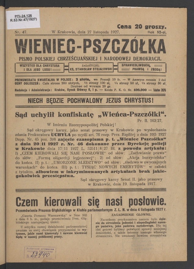 Wieniec-Pszczółka : pismo polskiej chrześcijańskiej i narodowej demokracji. Rok 53, 1927, numer 47