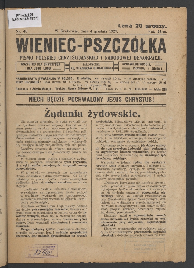 Wieniec-Pszczółka : pismo polskiej chrześcijańskiej i narodowej demokracji. Rok 53, 1927, numer 48