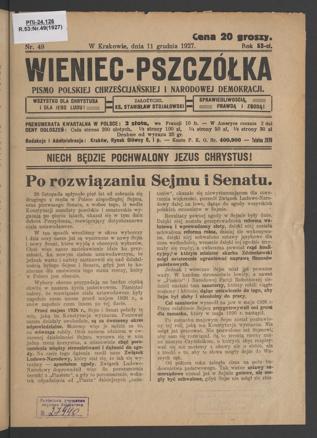 Wieniec-Pszczółka : pismo polskiej chrześcijańskiej i narodowej demokracji. Rok 53, 1927, numer 49