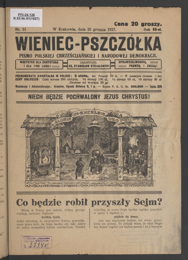 Wieniec-Pszczółka : pismo polskiej chrześcijańskiej i narodowej demokracji. Rok 53, 1927, numer 51
