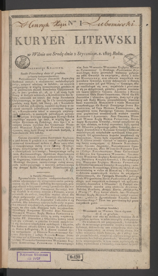 Kuryer Litewski. 1829, numer 1