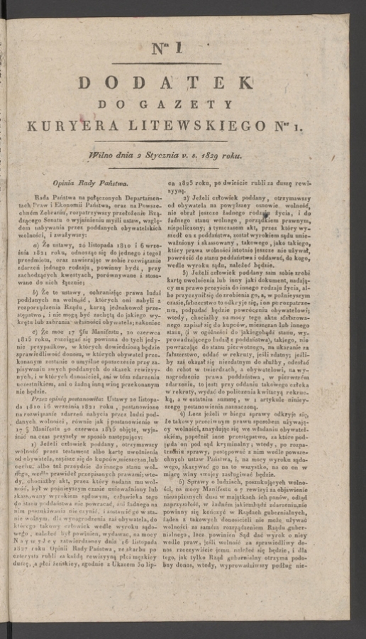 Dodatek do gazety Kuryera Litewskiego numeru 1, 1829, numer 1