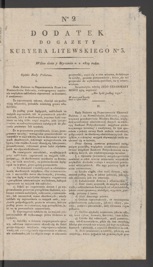 Dodatek do gazety Kuryera Litewskiego numeru 3, 1829, numer 2