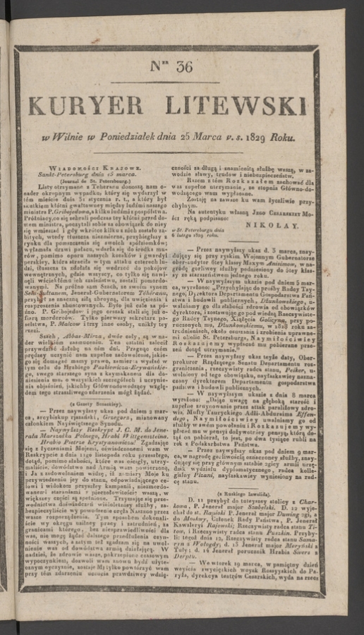 Kuryer Litewski. 1829, numer 36