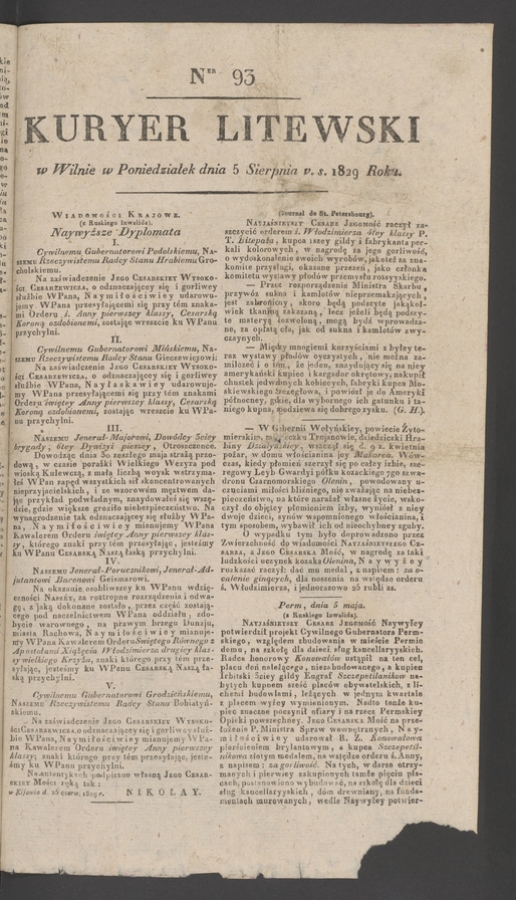 Kuryer Litewski. 1829, numer 93