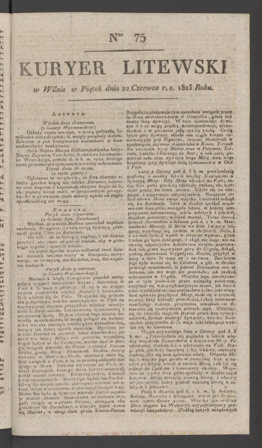 Kuryer Litewski. 1823, numer 75