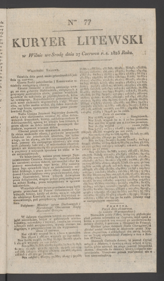 Kuryer Litewski. 1823, numer 77