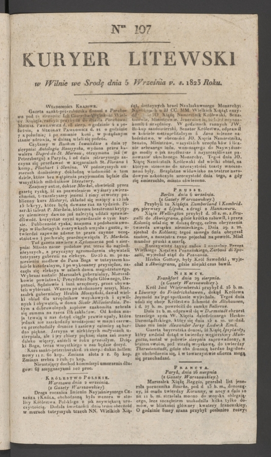 Kuryer Litewski. 1823, numer 107