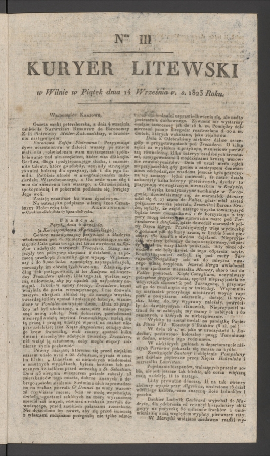 Kuryer Litewski. 1823, numer 111