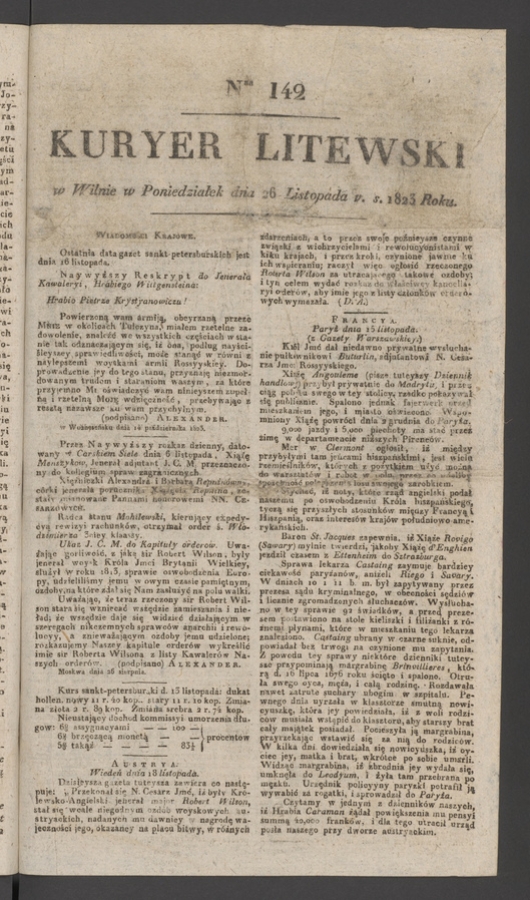 Kuryer Litewski. 1823, numer 142