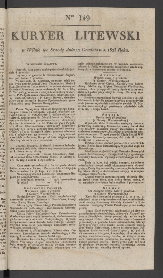 Kuryer Litewski. 1823, numer 149