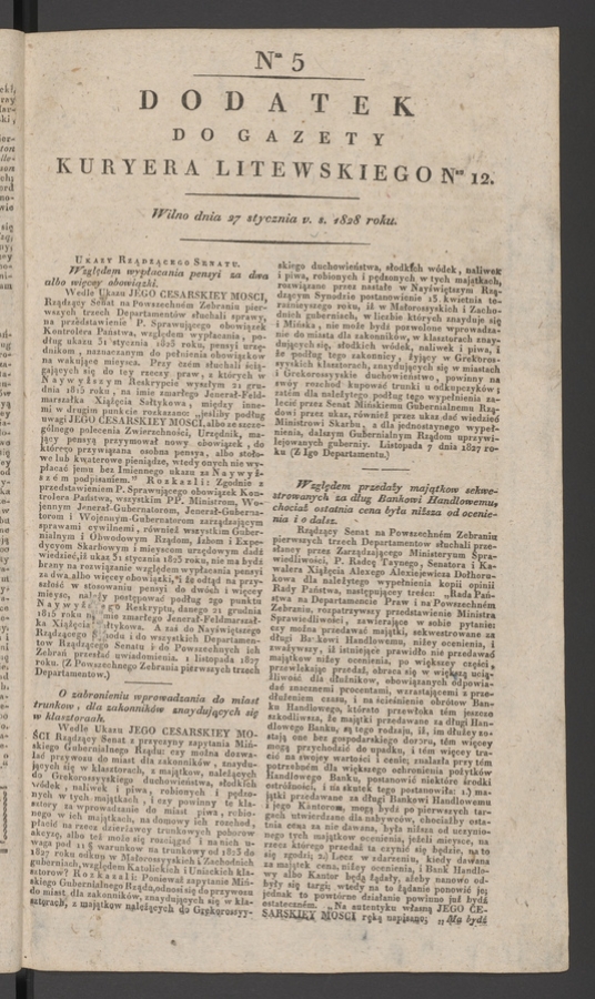 Dodatek do gazety Kuryera Litewskiego numeru 12, 1828, numer 5