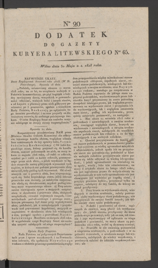 Dodatek do gazety Kuryera Litewskiego numeru 65, 1828, numer 20
