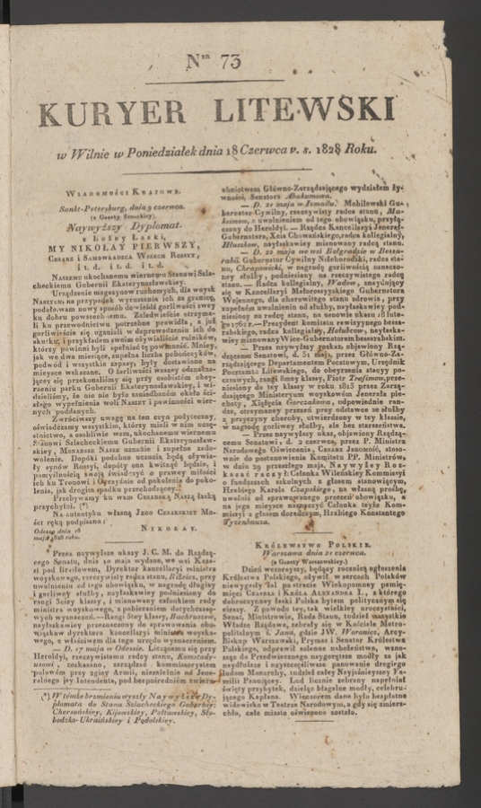 Kuryer Litewski. 1828, numer 73