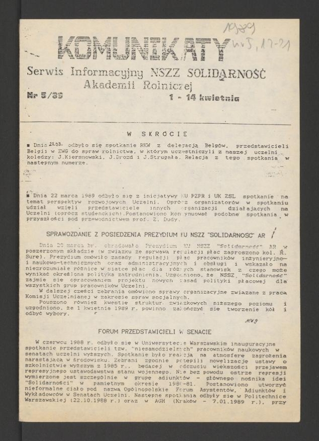 Komunikaty : serwis informacyjny NSZZ „Solidarność” Akademii Rolniczej we Wrocławiu. 1989, numer 5