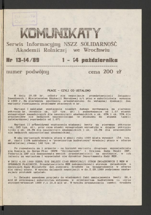 Komunikaty : serwis informacyjny NSZZ „Solidarność” Akademii Rolniczej we Wrocławiu. 1989, numer 13-14
