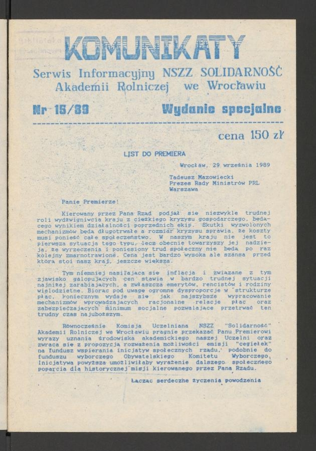 Komunikaty : serwis informacyjny NSZZ „Solidarność” Akademii Rolniczej we Wrocławiu. 1989, numer 15, wydanie specjalne