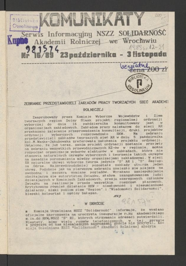 Komunikaty : serwis informacyjny NSZZ „Solidarność” Akademii Rolniczej we Wrocławiu. 1989, numer 16