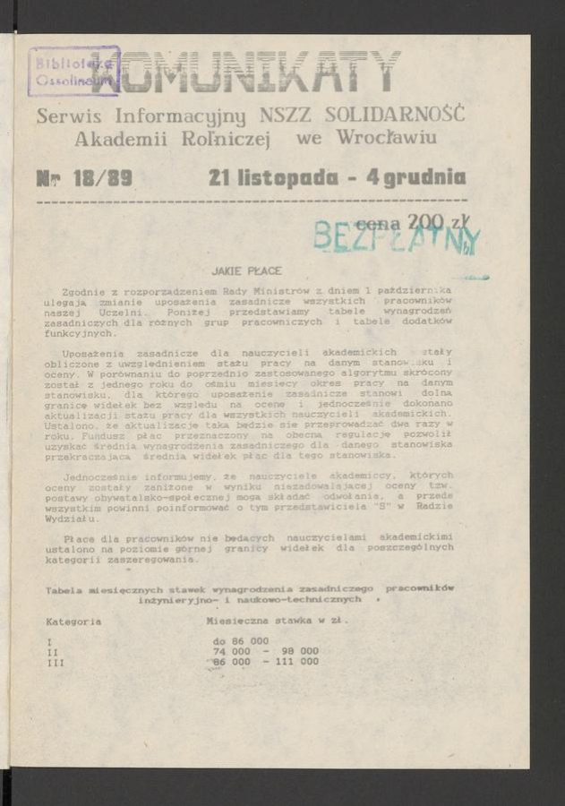Komunikaty : serwis informacyjny NSZZ „Solidarność” Akademii Rolniczej we Wrocławiu. 1989, numer 18