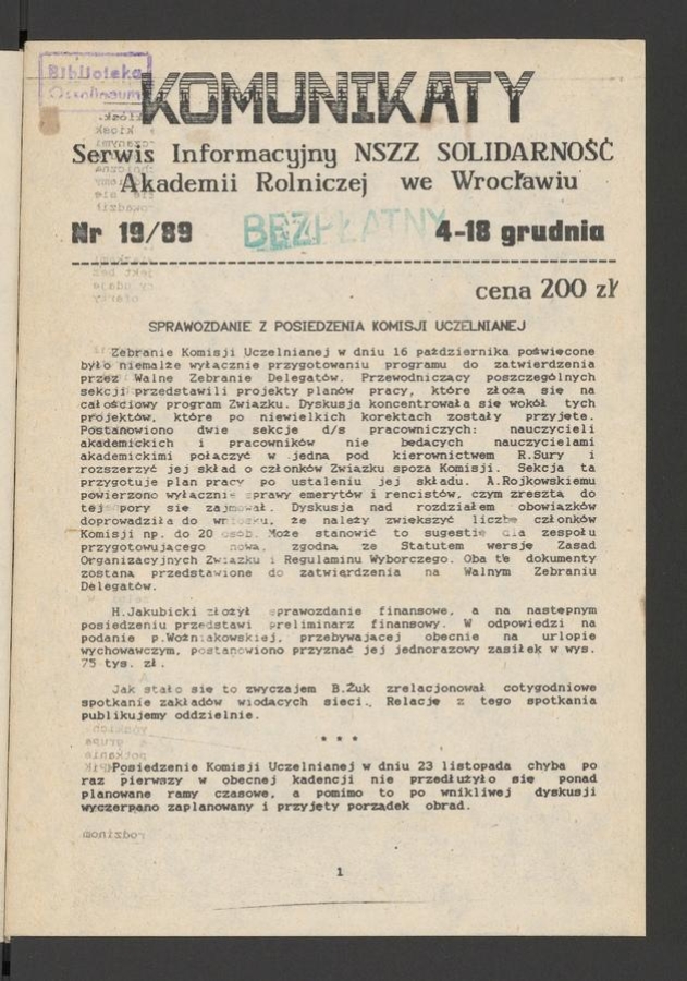 Komunikaty : serwis informacyjny NSZZ „Solidarność” Akademii Rolniczej we Wrocławiu. 1989, numer 19