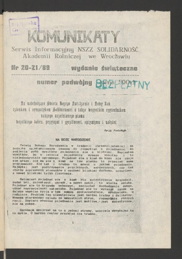 Komunikaty : serwis informacyjny NSZZ „Solidarność” Akademii Rolniczej we Wrocławiu. 1989, numer 20-21, wydanie świąteczne