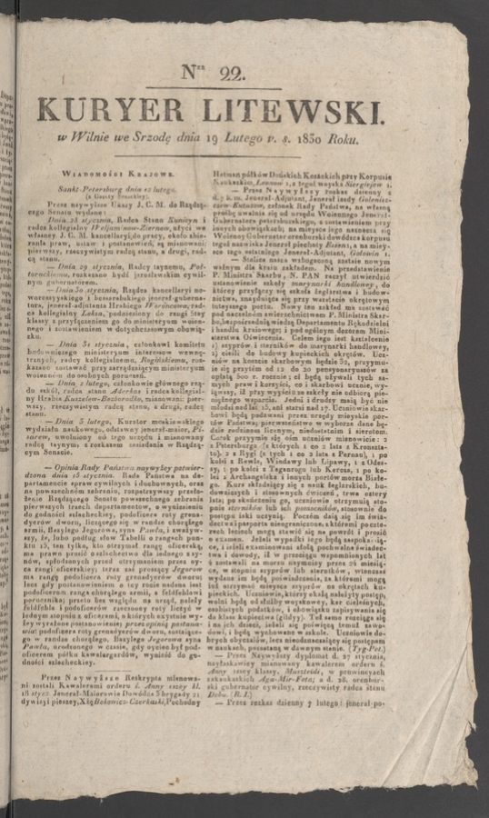 Kuryer Litewski. 1830, numer 22