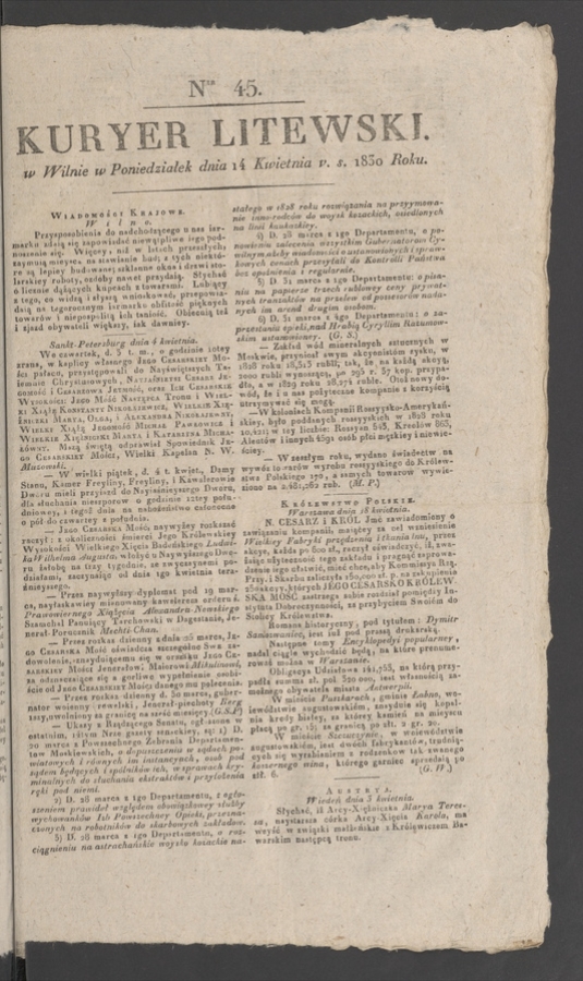 Kuryer Litewski. 1830, numer 45