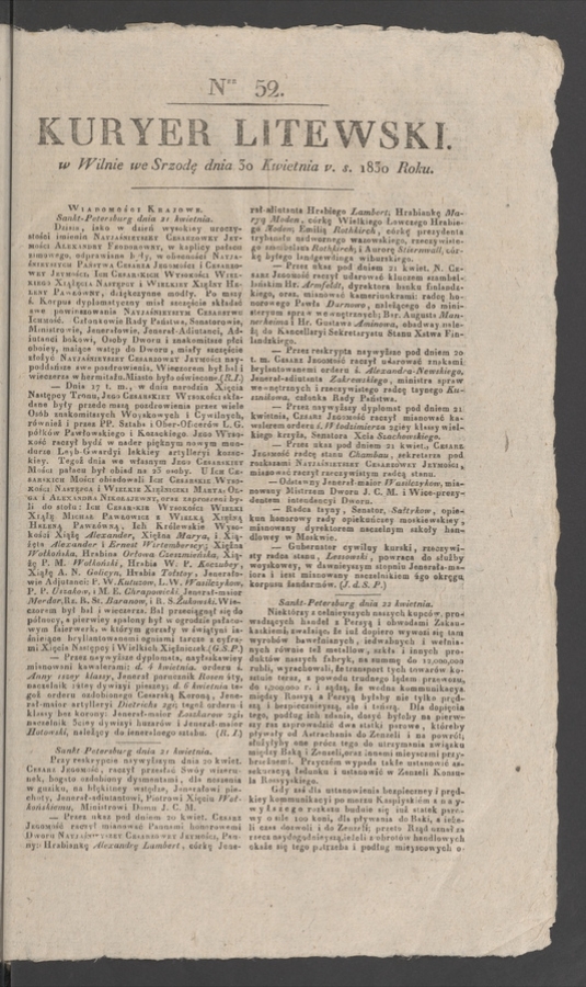Kuryer Litewski. 1830, numer 52