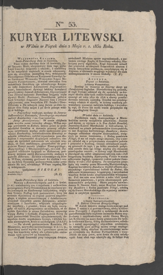 Kuryer Litewski. 1830, numer 53