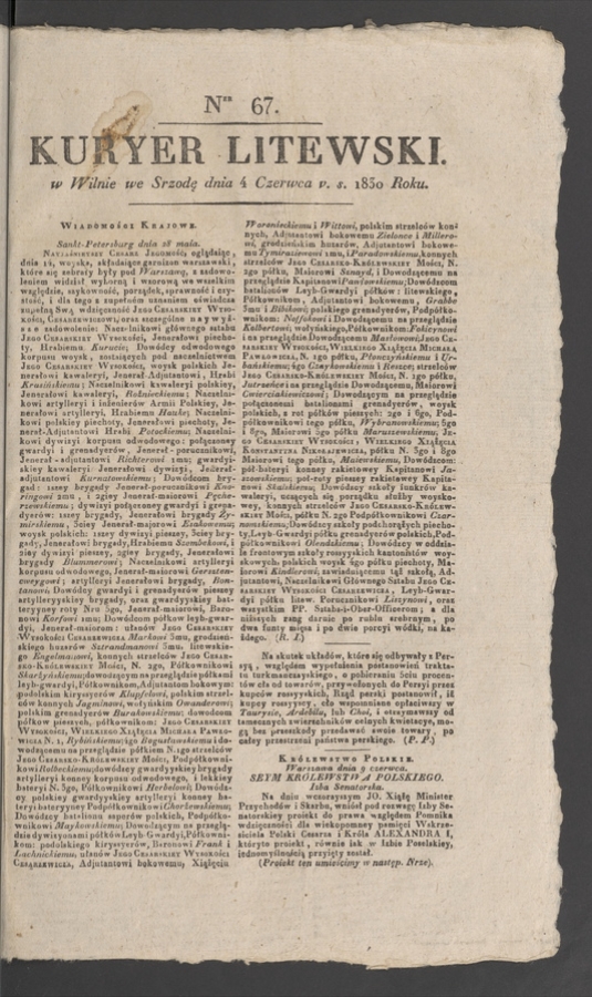 Kuryer Litewski. 1830, numer 67