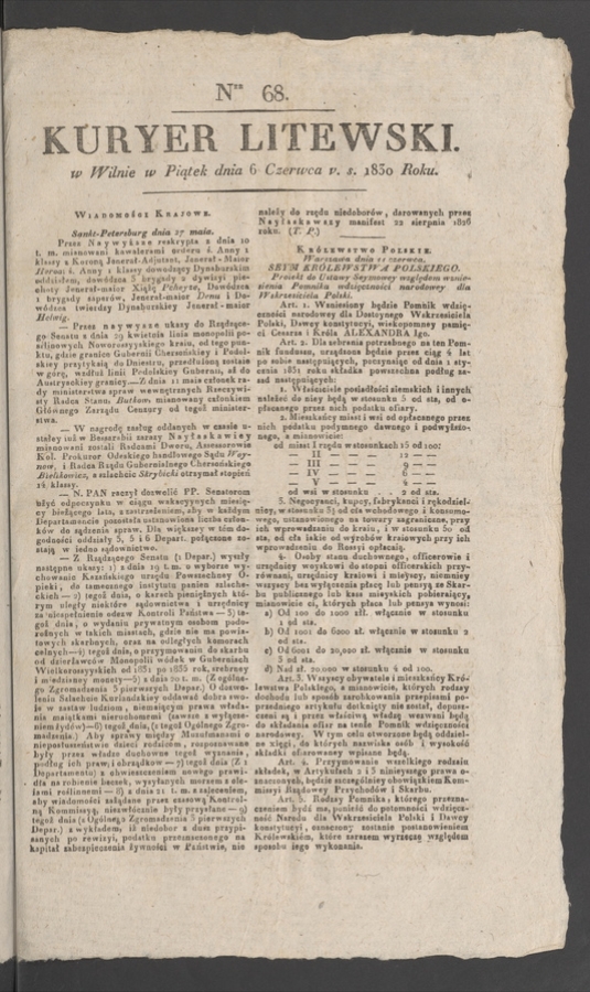 Kuryer Litewski. 1830, numer 68