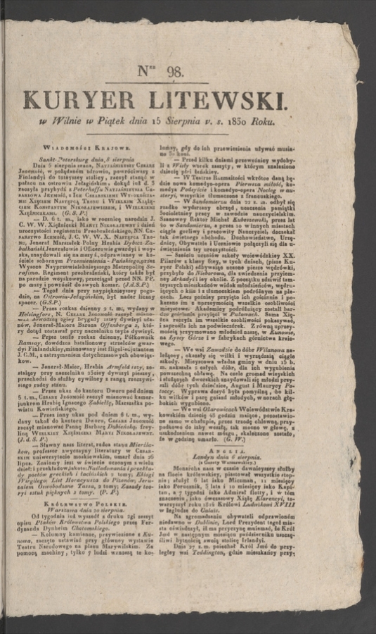Kuryer Litewski. 1830, numer 98