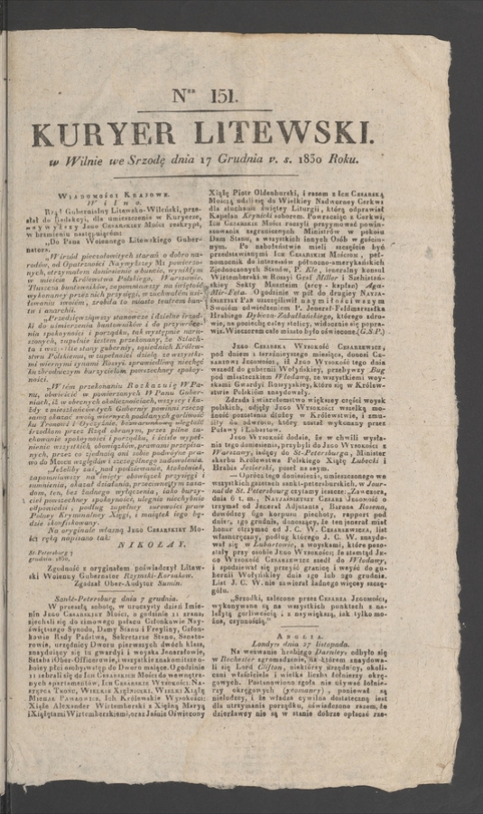Kuryer Litewski. 1830, numer 151