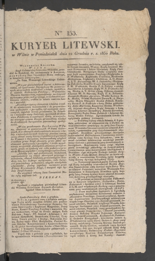 Kuryer Litewski. 1830, numer 153